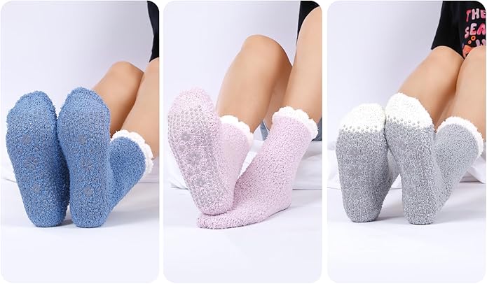 HUGSWEET 6 Pairs Thick Fuzzy Socks with Grip Cozy Non Slip Hospital Socks Home Fluffy Warm Slipper Socks Gifts for Women