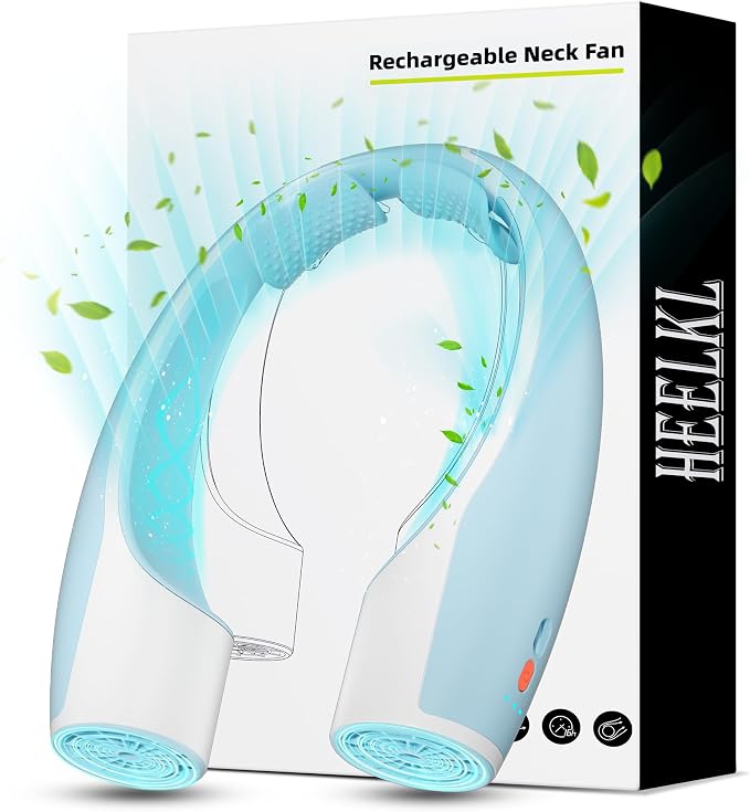 Heelkl AI Neck Fan, 4 Speeds Adjustable Portable Personal Fan Rechargeable, 4000 mAh Battery Faster Cooling Wearable Fan, Ultra Quiet for Home, Office, Travel, Outdoor - White Blue