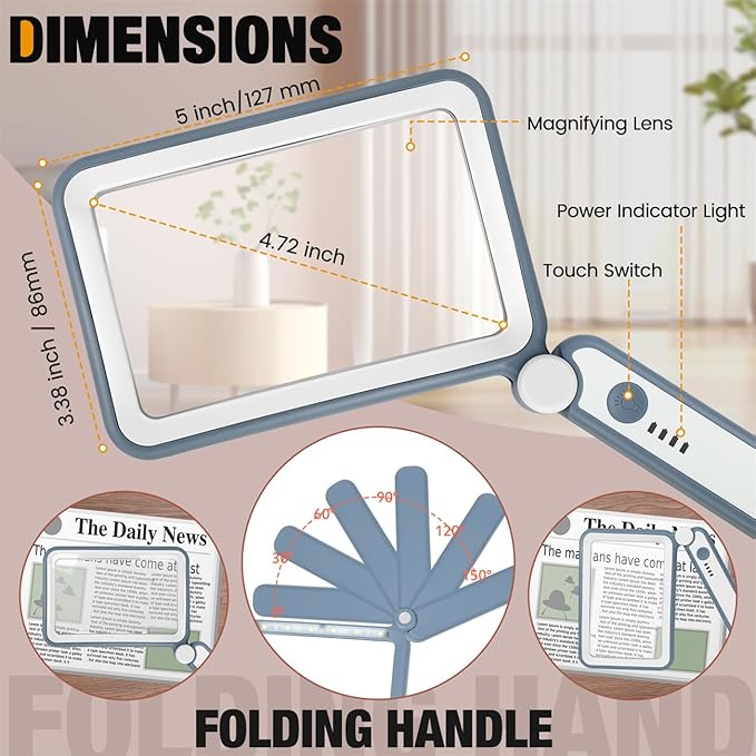 Rechargeable Magnifying Glass with Light for Reading, 5X Large Page Magnifier with LED Lighted for Seniors Low Vision, Folding Handheld Rectangle Magnifier for Reading Small Print, Blue-White