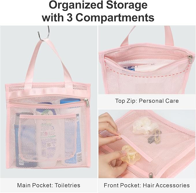 Small Mesh Shower Caddy Portable - Zipper Gym Shower Bag for Travel, Pink | 3 Pockets, Quick-Dry Mesh, S-Hook, Hanging Shower Caddy for Toiletry Essentials, Bathroom & Camping