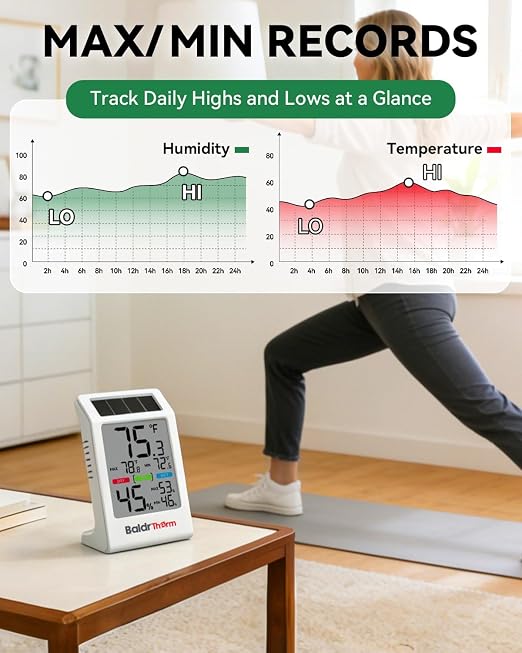 BALDR Indoor Thermometer Hygrometer, Solar Power with Battery Backup, Large Display, Daily Max/Min & Comfort Indicator Humidity Meter | Solar & Battery Dual Power |No Setup or App Required |Clear Comfort Level Indicator |Flexible Desk or Wall Placement