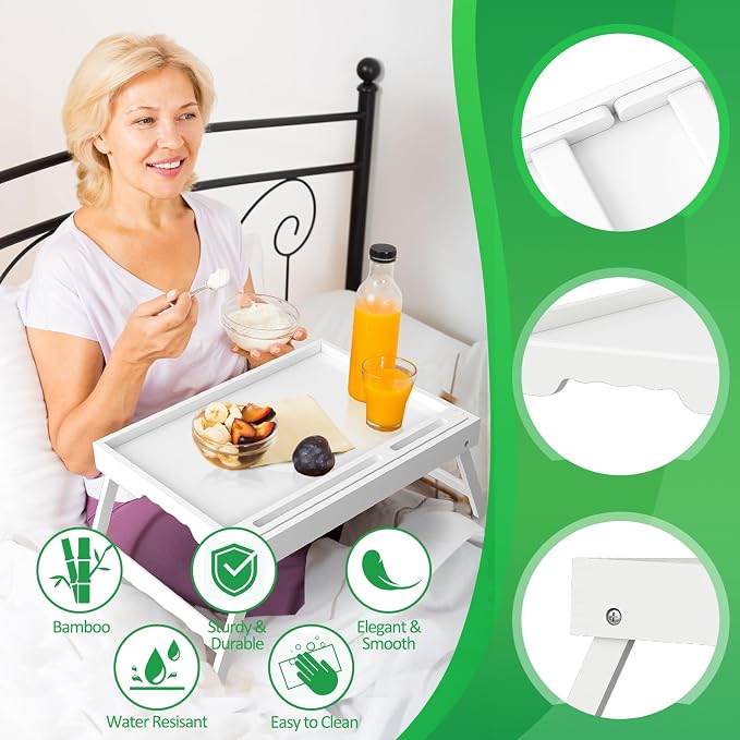 Artmeer Bamboo Bed Tray Table with Device Slot, Folding Legs, Large, White | FSC-certified bamboo bed tray with folding legs, device slot and handles for meals, laptops, reading and serving in bed.