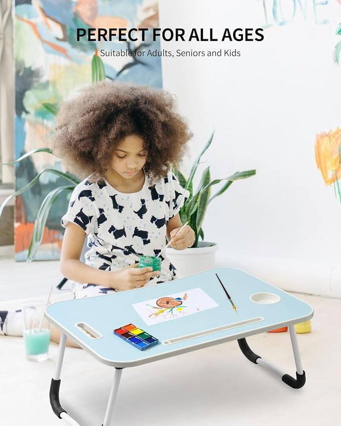 FISYOD Foldable Laptop Table, Portable Lap Desk Bed Table Tray, Laptop Stand with Cup Holder & Tablet Slot & Lifting Handle for Working Writing Drawing & Eating (Light Blue)