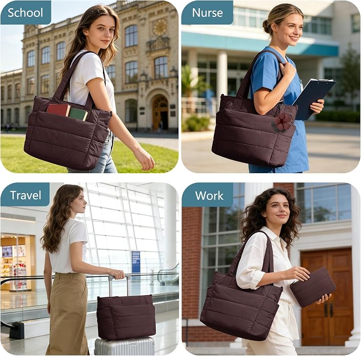 Puffer Tote Bag for Women Quilted Nurse Bag Lightweight Work Bag for Teacher Travel Handbag with Multiple Pockets