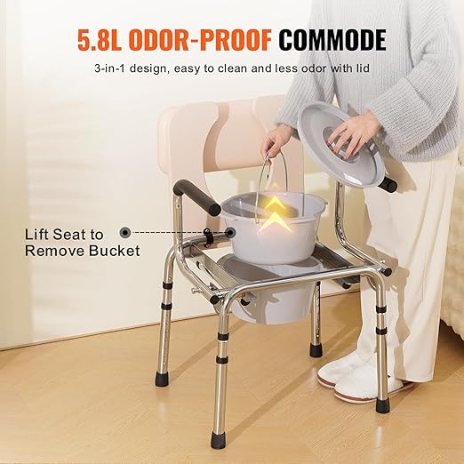 VEVOR Commode Chair, Bedside Commode with Padded Seat, Drop-Down Arms, 7-Level Adjustable Height, 5.8L Removable Bucket, Easy to Assemble, 350LBS Capacity, Portable Toilet for Adults Seniors