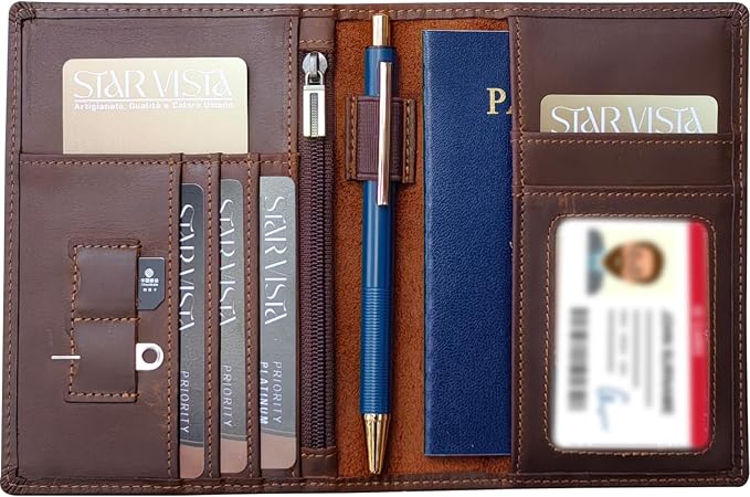 STAR VISTA Phoenix Leather Passport Holder, Full Grain Leather Travel Wallet- Slim, Bifold, RFID Blocking, ID Window, Coin Pocket, Card Slots, SIM Slots