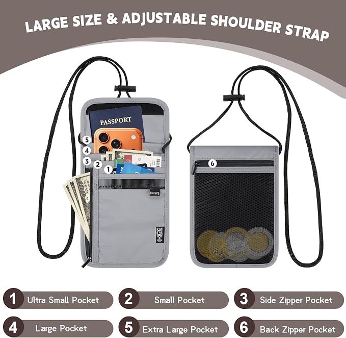 Likesing 5.5" L x 7.9" W Travel Neck Wallet, RFID Passport Pouch-Light Grey | RFID Blocking Passport Holder for Travel, Security Lightweight Passport Travel Wallet, Neck Pouch Gifts for Women Men