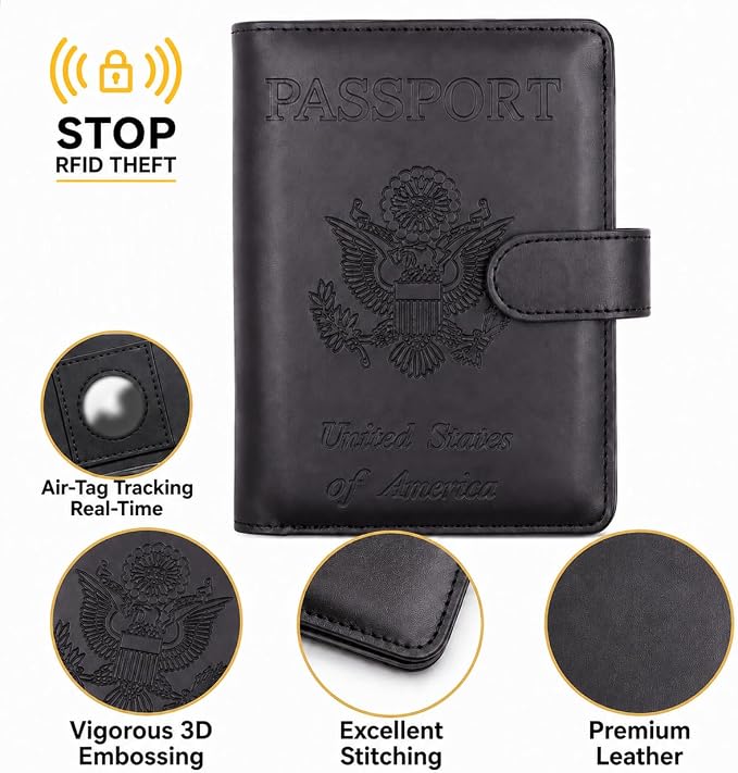 Passport Holder with Air-Tag Slot RFID Blocking Leather Travel Wallet | Multiple Card Compartments, SIM Card Access, Compact Carry Design, Flight Ready Essentials for Men & Women, Black