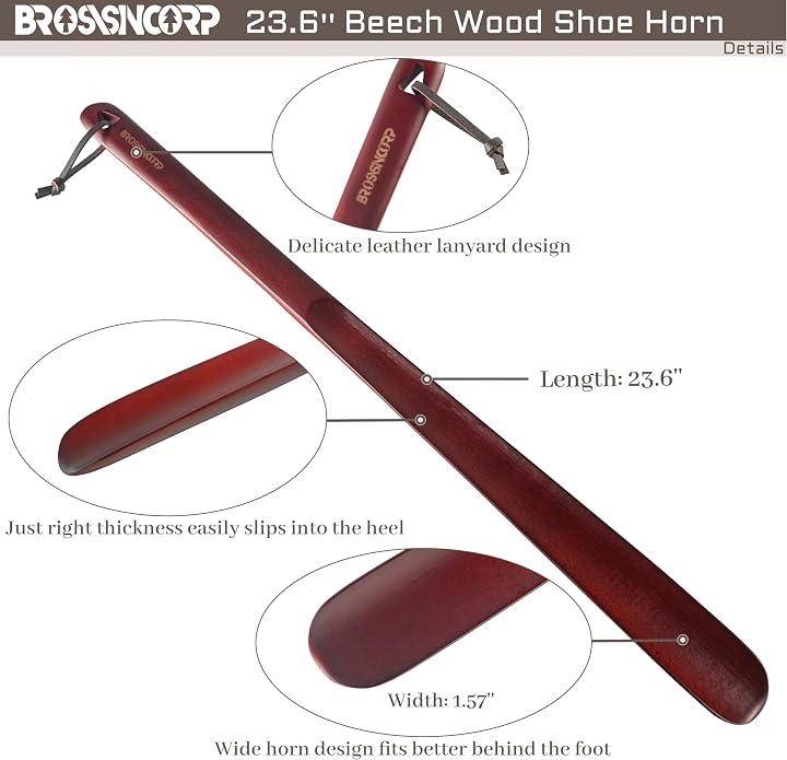 Brosisincorp Wooden Shoe Horn Long Handle for Seniors Helper | Solid Black Walnut Wood, Smooth Finish, Leather Hanging Loop Wall Mount, Reduce Bending Over, for Pregnant Women Back Pain