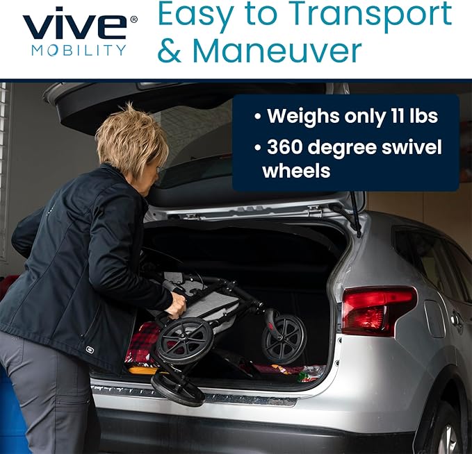 Vive Mobility 3 Wheel Walker - Three Wheeled Rollator for Seniors - Lightweight, Foldable, Narrow, Heavy Duty - for Elderly Men Women - Folding 3-Wheel Tri Scooter with Basket Bag