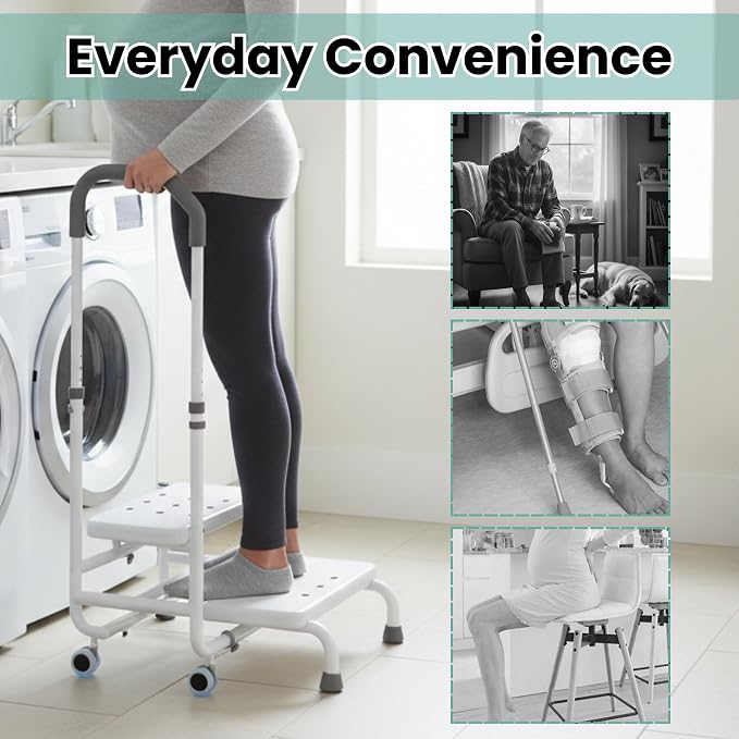 2 Step Stool with Handle & Wheels for Seniors, for Grandpa White | 400 lbs Capacity, Heavy Duty Bed Step for High Beds, Adjustable 5-Level Handrail, Non-Slip Wide Steps, Non-Skid Rubber Feet