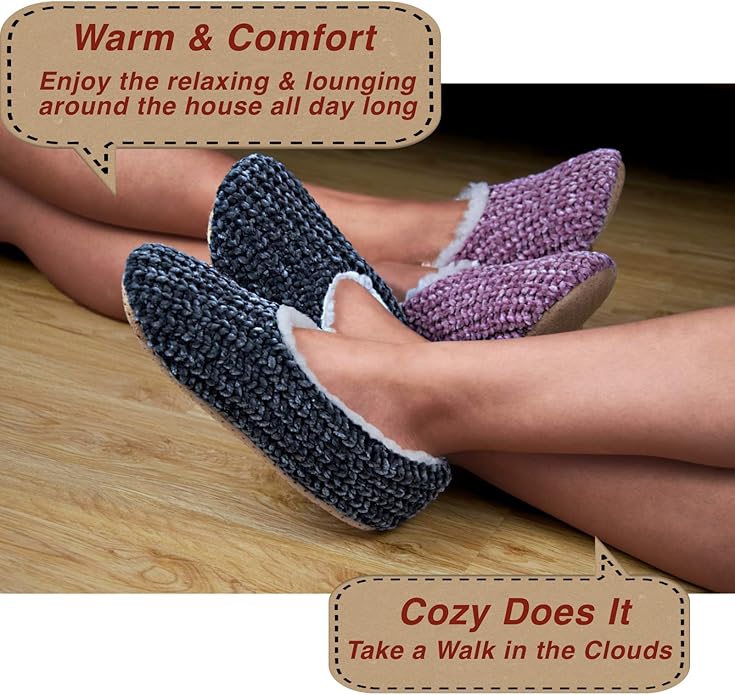 cosyone1997 2-Pair Thick Warm Fuzzy Slippers for Women Indoor Fluffy Sherpa Lined, Winter House Shoe Socks Non-Slip Soft Soles, Cozy Christmas Gifts
