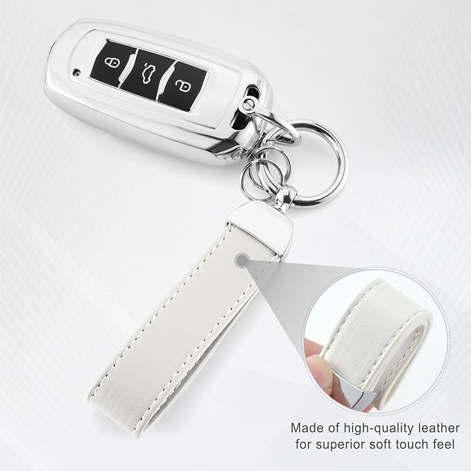 JUSTTOP Leather Keychain, Car Key Chain with Anti-Lost D-Ring and 2 Key Ring, Keychain Wristlet, Car Accessories, Universal Keychain for Men and Women (White)