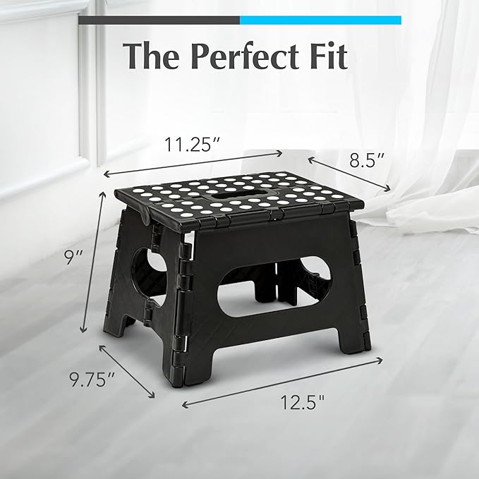 Handy Laundry Folding Step Stool - Sturdy Enough Collapsible Stool to Support Adults - Opens Easy with One Flip - Great for Kitchen, Bathroom or Bedroom (Black - 9 Inch)