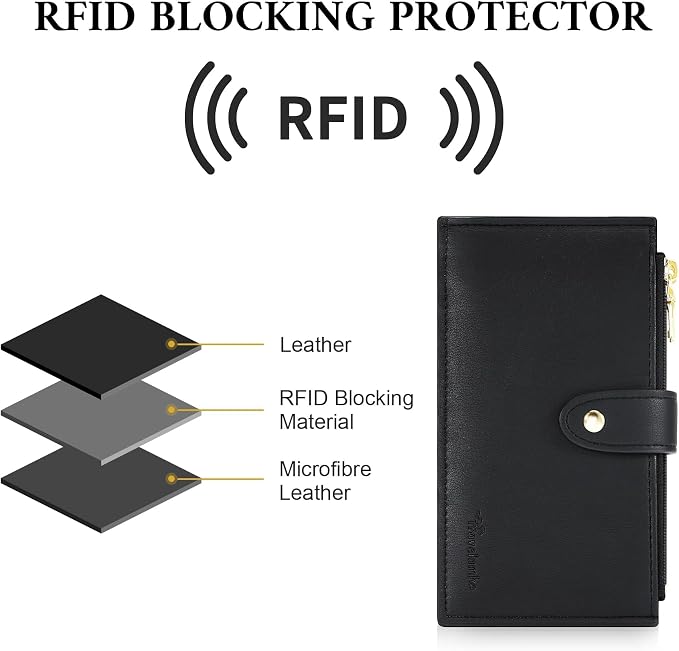 Travelambo Womens Leather Bifold Wallet, Slim RFID Blocking Card Holder | Large Capacity, 16 Card Slots & ID Window, 2 Zipper Pockets, Dual Snap Closure, Slim Lightweight, RFID Privacy Protection