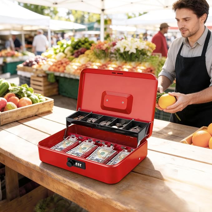 Jssmst Cash Box with Money Tray and Lock - Red Cash Box with Combination Lock Safe Money Box Large, Locking Cash Register Drawer Box, 11.8'' x 9.5'' x 3.5'', SM-CB005RED