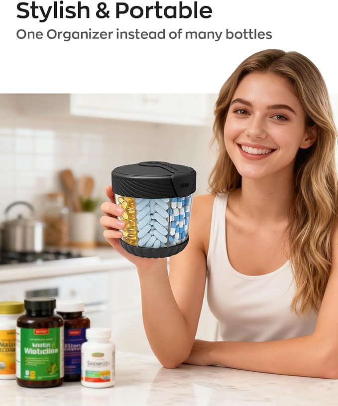 Cute Pill Dispenser with 7 Large Compartments, Portable Pill Bottle Organizer with Wide Opening for Travel, Anti-Mixing Pill Container, Shatterproof BPA-Free, Includes 20 Pcs Labels, Black