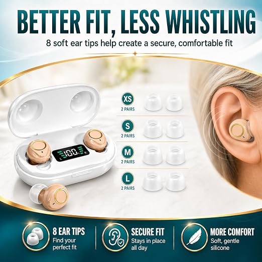 Rechargeable Hearing Amplifier for Seniors with Charging Case – Clear Sound for Conversations & TV Listening, Noise Reduction, Easy Volume Control, Comfortable In-Ear Design（Beige）