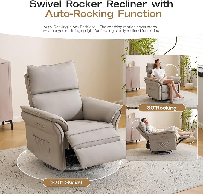 Power Nursery Recliner with Auto Rocking,Oversized Swivel Rocker Recliner with Massage and Heat,Glider Recliner Nursery Chair with Adjustable Headrest for Living Room and Bedroom,Faux Leather，Grey
