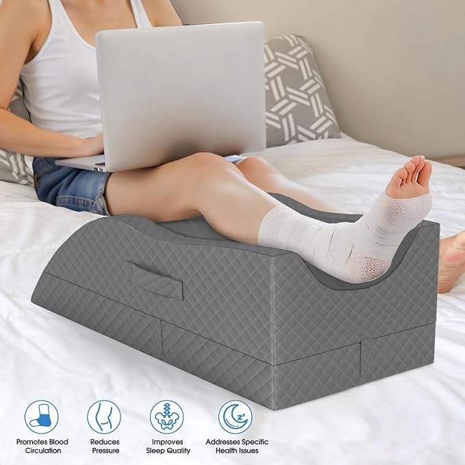 TranquilRelax Leg Pillow, Leg Elevation Pillow with Pad and Memory Foam, Height Adjustable Bolster Pillow for Legs, Leg Pillow Elevation Blood Circulation, for Post-Surgery, Full Grey