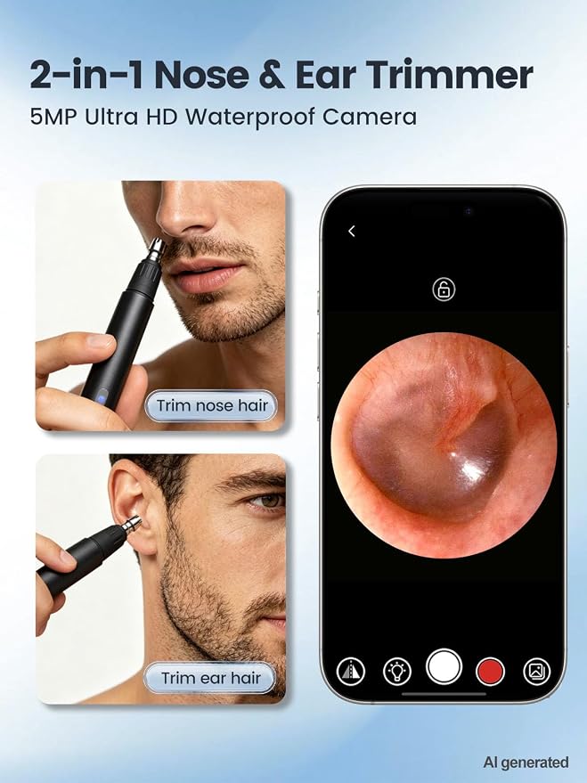 Visual Nose Hair Trimmer for Men Women, 5MP HD WiFi Nasal Ear Hair Clipper | 5MP HD WiFi nose hair trimmer, 360° safe four-edged blade, USB rechargeable waterproof cutter for nasal & ear hair care