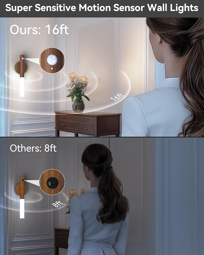 Battery-Operated Wall Sconce Wall Lights: 2200mAh Rechargeable Motion Sensor Magnetic Wireless Stairway Lights Portable Hallway Light Wooden Wall Lighting for Bedroom Stair(White Light)