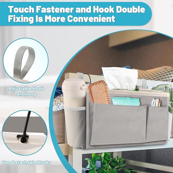 BlissTotes Bedside Caddy, Dorm Storage with Pockets, Bunk Bed Accessories | Hanging Bed Storage Organizer with Hooks, Bedside Shelf Bag, Magazine Holder for Home, College, Hospital (Light Grey, 1 Pack)