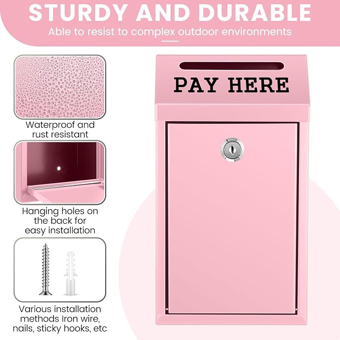 Yaocom Safe Metal Cash Box for Farm Stand – Money Drop and Secure Donation Collection, Wall Mount Lockable Unit with Pre Drilled Holes for Outdoor Self Serve(Pink,10.2 x 5.7 x 2.8 Inch)