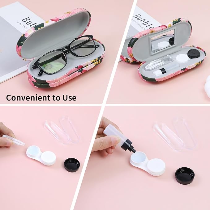 2 in 1 Contact Lens Case and Eyeglasses Case for Women Men Kids, Double Sided Hard Shell Portable Glasses Travel Holder with Built-in Mirror, Contact Lens Box Storage Kit (Pink Flower)