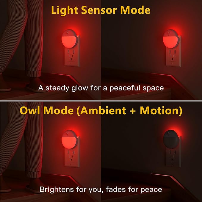 2 Pack Plug in Red Sleep Night Light with Motion Sensor and Dusk to Dawn Sensor, 3 Modes, Soft Glow, Stepless Dimming, LED Lights for Bedroom, Sleep, Baby Nursery, Kids, Toddler, Home Decor