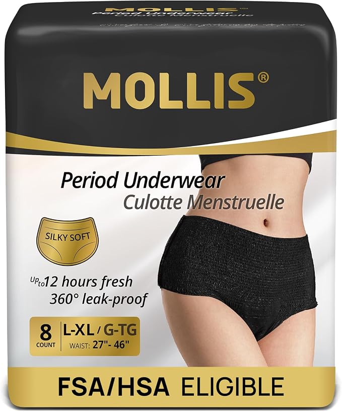 MOLLIS Disposable Period Underwear, Postpartum Panties, L/XL, Black, 8Ct | Heavy Flow Period Underwear, Superior Absorbency, Leak Proof Design, Maternity Knickers, Soft Comfort Fit, Unscented