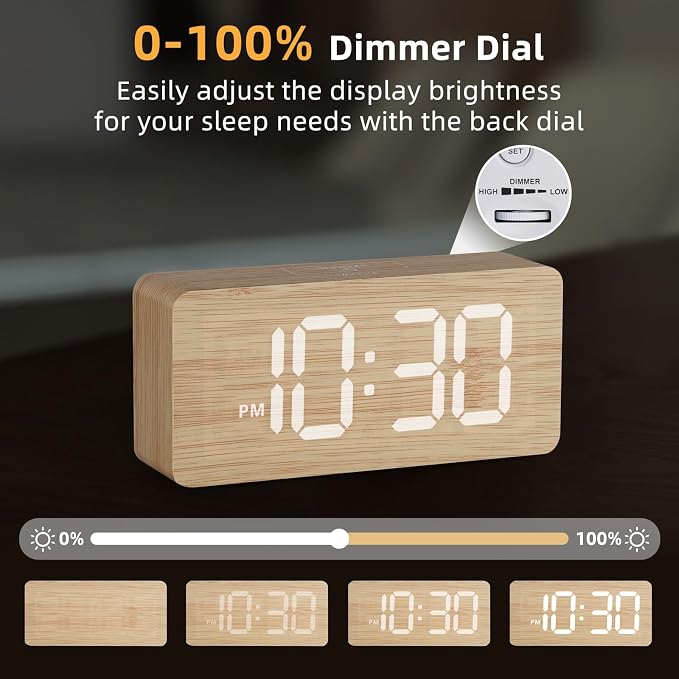 uscce Wooden Digital Alarm Clocks for Bedrooms with 0-100% Dimmable Display | Desk Clock with Large Numbers for Living Room - Loud Dual Alarm for Heavy Sleepers with Volume Control - Wood Decor & Gifts