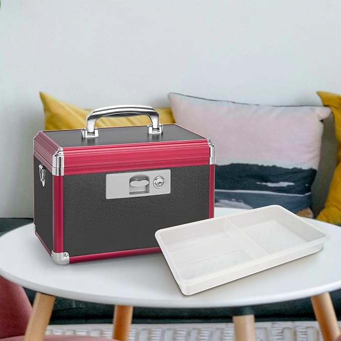 Secure Medicine Lock Box with Key, Childproof Metal Medication Storage Organizer for Home & Travel, Layered Aluminum First Aid Box, Portable & Durable – 15" x 8.7" x 9.4" Black & Red