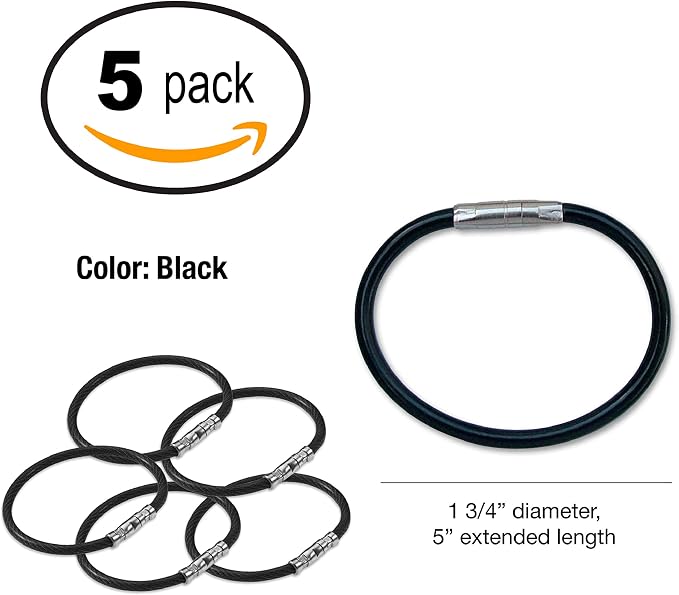 Lucky Line 5” Twisty Lock Key Ring, Flexible Nylon Coated Steel Wire Loop, Corrosion-Resistant and Durable, Black, 5 Pack (8112005)