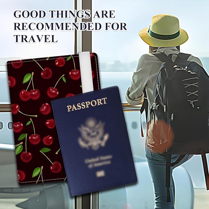 Passport Holder for Travel Essentials, RFID Premium Leather Passport Wallet Cover Case, Unisex Adult, Cherry, Fruits Pattern, Waterproof, Faux Leather