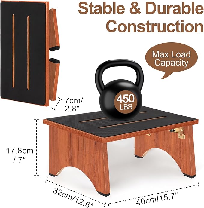 Step Stool Foldable, Wooden Step Stool with Non-Slip Rubber Stepping Feet, Folding Platform Step Stools for Adults Seniors in Kitchen, Home, Bedroom, Office, Rv, Easy to Carry,450 LBS Capacity (Brown)
