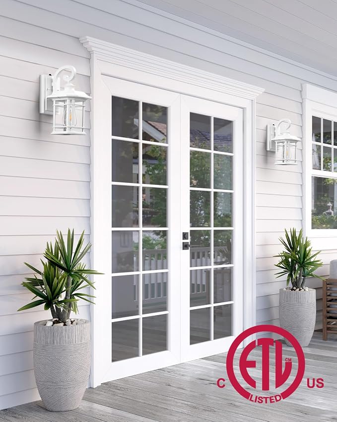 VIANIS White Exterior Lighting Fixtures, 2 Pack Porch Lights Outdoor, Outdoor Wall Lights Dusk to Dawn, Anti-Rust Outdoor Lighting for House, Porch, Garden, Doorway, Seed Tempered Glass