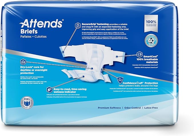 Attends Confidence® Adult Unisex Disposable SmartCool® Briefs, Large, 44"-58" Waist, SecureGrip Tab Closure, Ultimate Absorbency, Breathable Materials, 72ct Bag