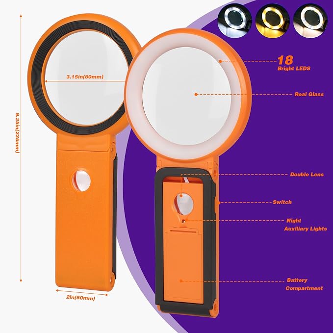 Magnifying Glass with Light and Stand, Foldable Handheld Magnifying Glass 18 LED Illuminated Lighted Magnifier for Macular Degeneration, Seniors Reading, Close Work, Coins, Jewelry Orange