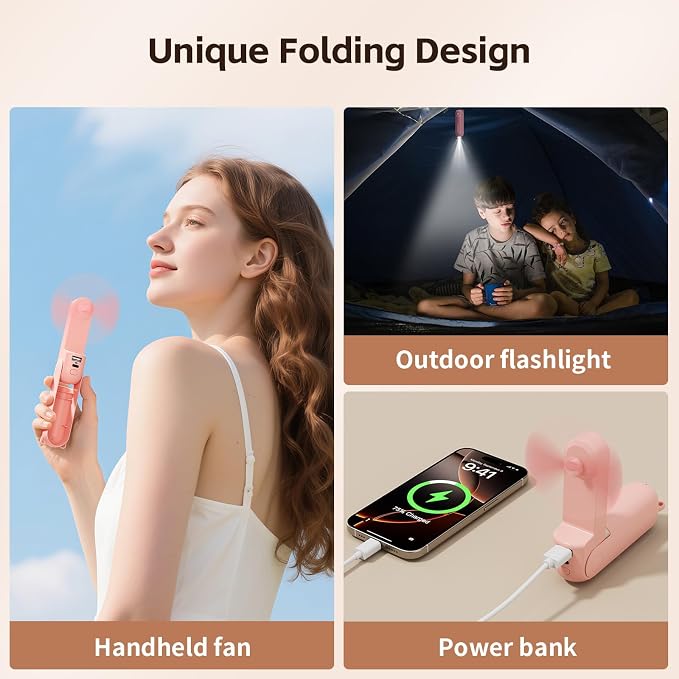 Morelax Portable Fan, Mini Handheld Fan with Power Bank, Cute USB Rechargeable Pocket Fan, Foldable Small Cooling Fan with LED Light, Personal Travel Fan,Summer,Beach Essentials,Summer Gift for Women