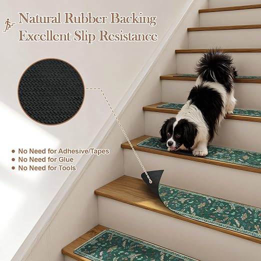 OJIA Insect Stair Treads Non Slip 15PC 8"x30" Stair Runner for Wooden Steps | Indoor Carpet Stair Treads Rubber Stair Mats Residue-Free Staircase Step Treads for Kids, Elders, Pets, Dark Green