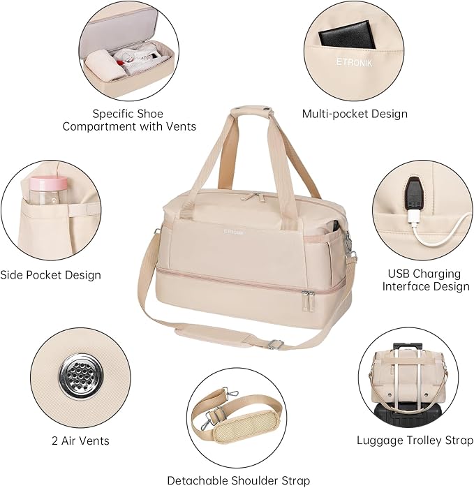 Gym Bag for Women, 45L Carry On Travel Duffel Bag with Shoes Compartment, Weekender Overnight Bag with Wet Pocket for Women, Travel, Gym, Weekend, Large Size