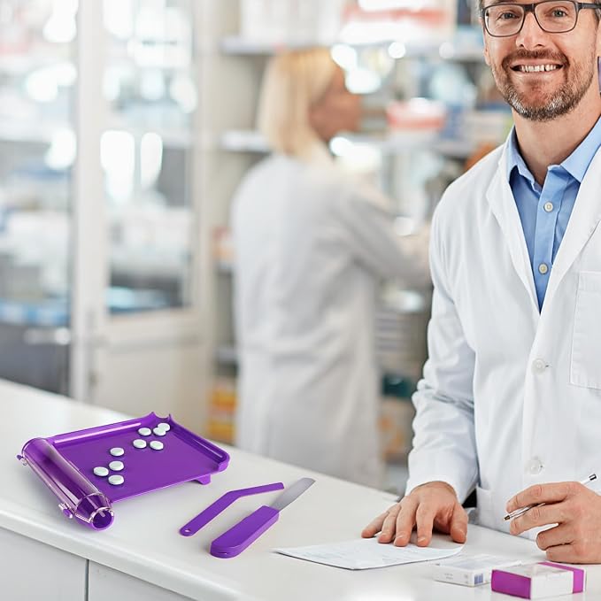 Opret Right Hand Pill Counting Tray with 2 Spatulas, Pill Counter with A Straight Spatula & A L-Spatula for Pharmacy to Count Meds Pills Tablets, Purple