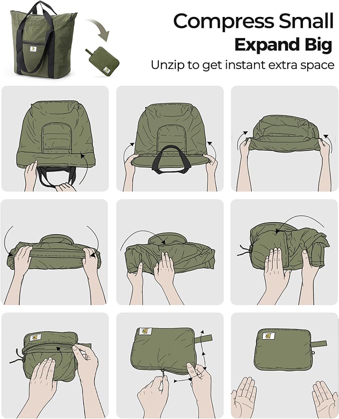 Foldable Travel Bag, 26L Duffle Bag for Travel, Expandable Second Carry-On Bag for Travel & Shopping, Water-Resistant Personal Item Bag, Olive Green