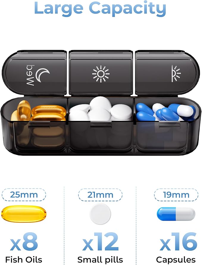 Windtrace Pill Organizer 3X a Day - Midnight Black Portable Pill Case | Easy Carry, 3x Daily, Fade-Proof, Bold Labels, Arthritis-Friendly, One-Handed, Spill-Proof, Double-Layer, ABS Shell