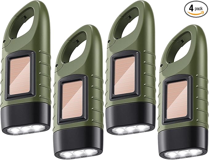 Oudain 4 Pieces Hand Crank Flashlight Solar Powered Rechargeable Flashlight Survival Emergency Hand Crank LED Lantern Snap Carabiner Torch for Outdoor Sports Camping Hiking Christmas Child Shoeboxes