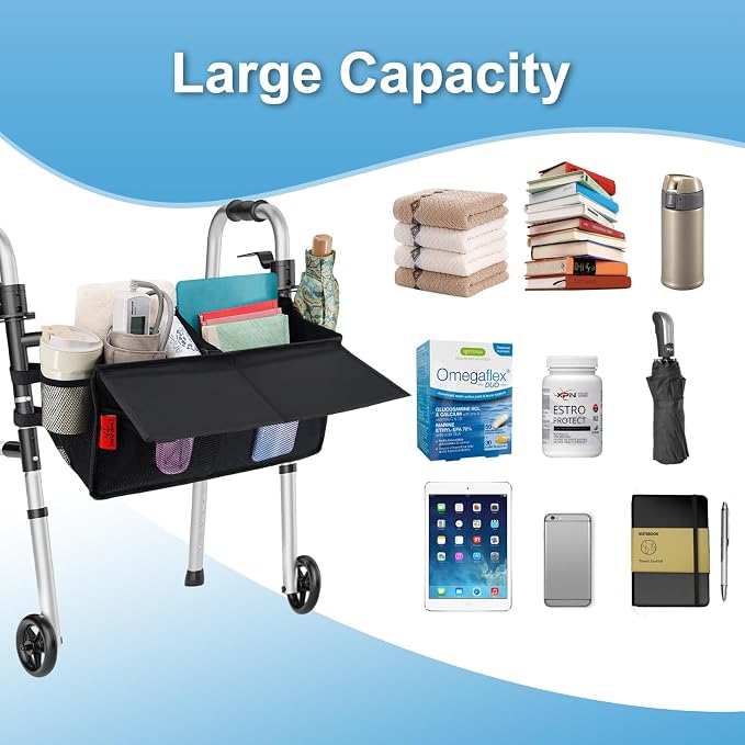 Walker Basket for Width 16"-20" Folding Walkers/Rollators, Large Capacity Walker Storage Baskets with Cup Holder, Lid & Multiple Pocket, Easy to Use Walker Tote Bag for Seniors, Black.
