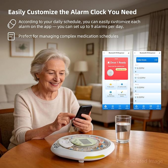 Bluetooth Automatic Pill Dispenser with Safety Lock for Seniors | App/Sound/Light Reminder - Up to 9 Alarms/Day, Medication Track History, Front Security Lock & Ergonomic Flip Lid