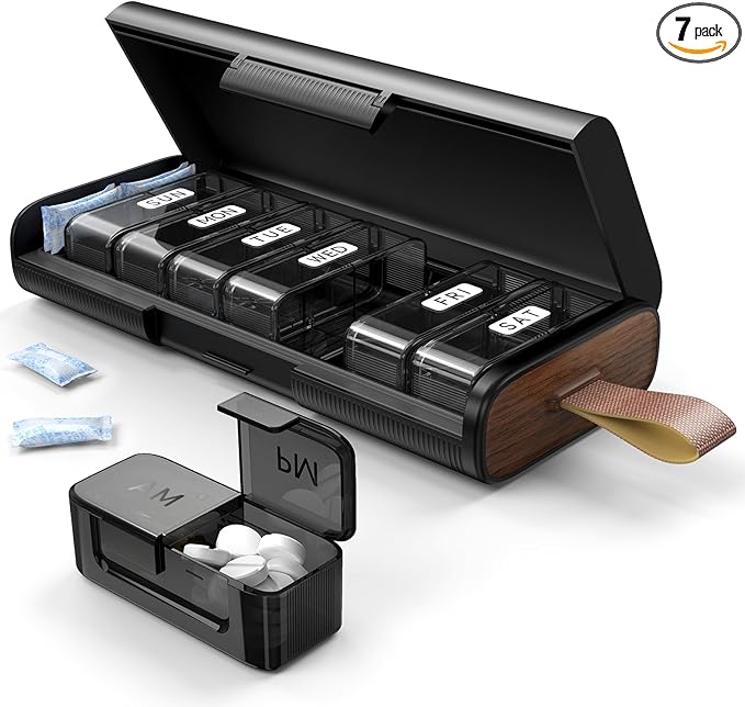 Weekly Pill Organizer 2 Times a Day, Large AM PM Pill Box 7 Day with Built-in Desiccant, Portable Medicine Case with 7 Detachable Containers for Vitamins & Supplements