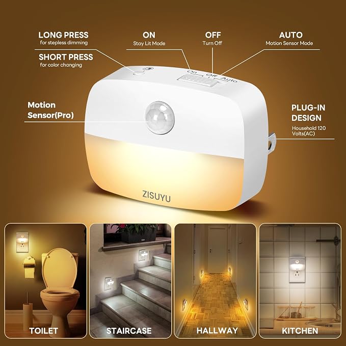 ZISUYU Plug-in LED Night Light with Motion Sensor,Dimmable,Color Changing